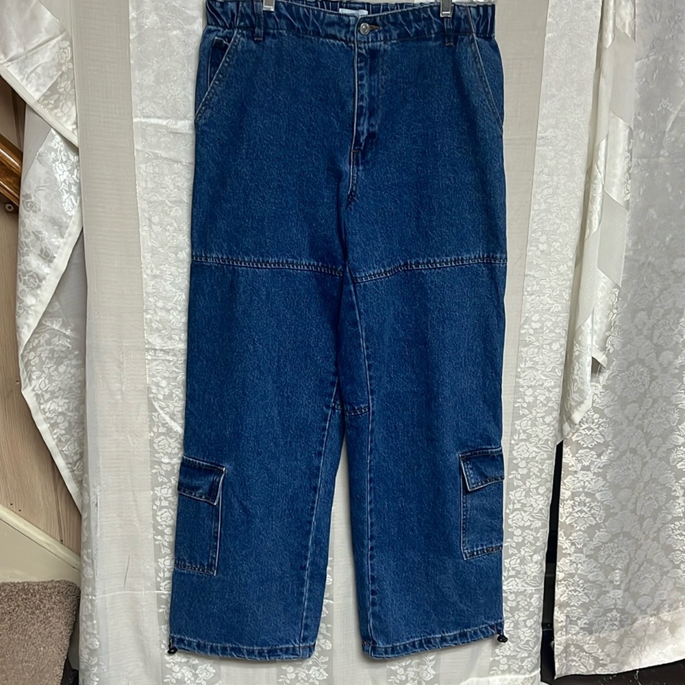 Forever 21 denim elastic waist wide leg cargo jeans skater pants size 29